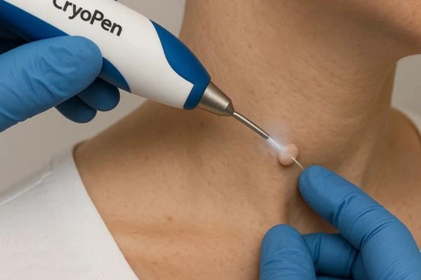 Person receiving cryotherapy Cockfosters for skin tag removal