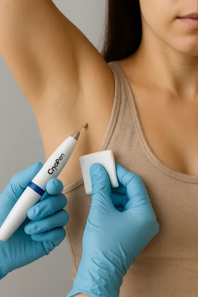 woman having cryopen to remove underarm skin tags Cockfosters