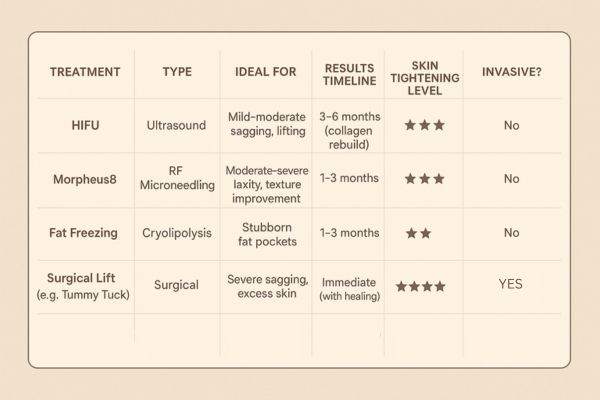 Table showing the comparisons of Skin tightening Cockfosters treatment options.